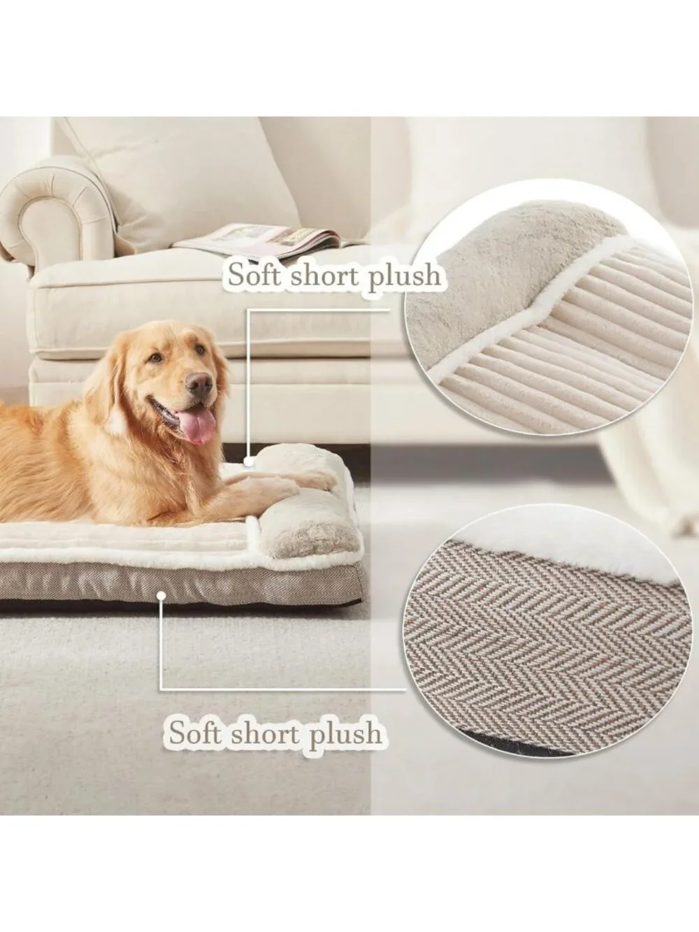 Cozy Dog Bed with Pillow for Large & Medium Breeds - Soft Crate Mattress (Beige)